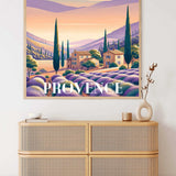 Malen nach Zahlen - Lavendeltraum in der Provence mit lila Feldern und Hügeln im Hintergrund, dekorativer Kunstdruck im Wohnzimmer