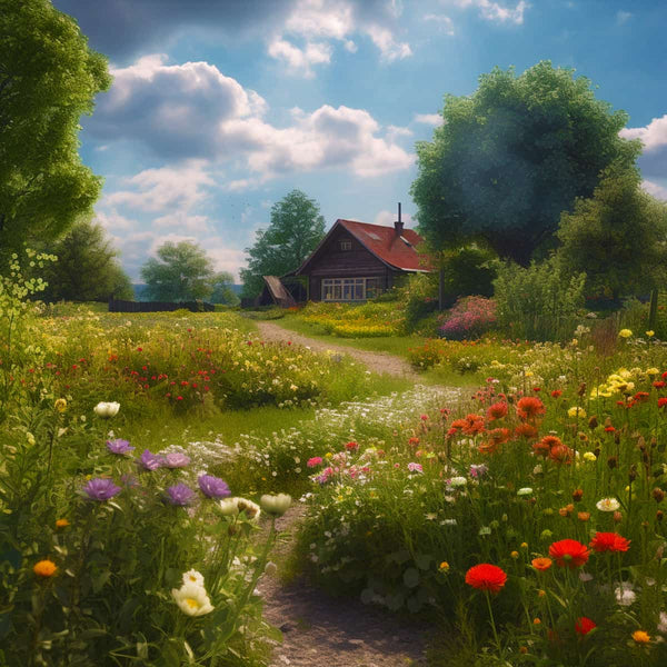 Bucolic meadow scene with wildflowers and country house under a blue sky, ideal for a Diamond Painting kit.