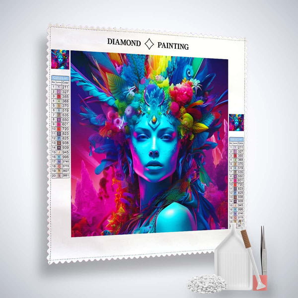 Diamond Painting Kit Stolze Frau with vibrant, colorful image of a woman, including canvas, acrylic diamonds, tweezers, and setting tools.
