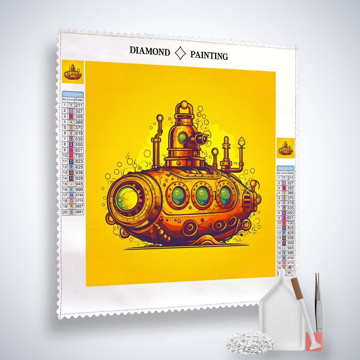 Diamond Painting Uboot Comicart Kit with Submarine Motif, Includes Canvas, Acrylic Diamonds, Tweezers, and Professional Setzstift