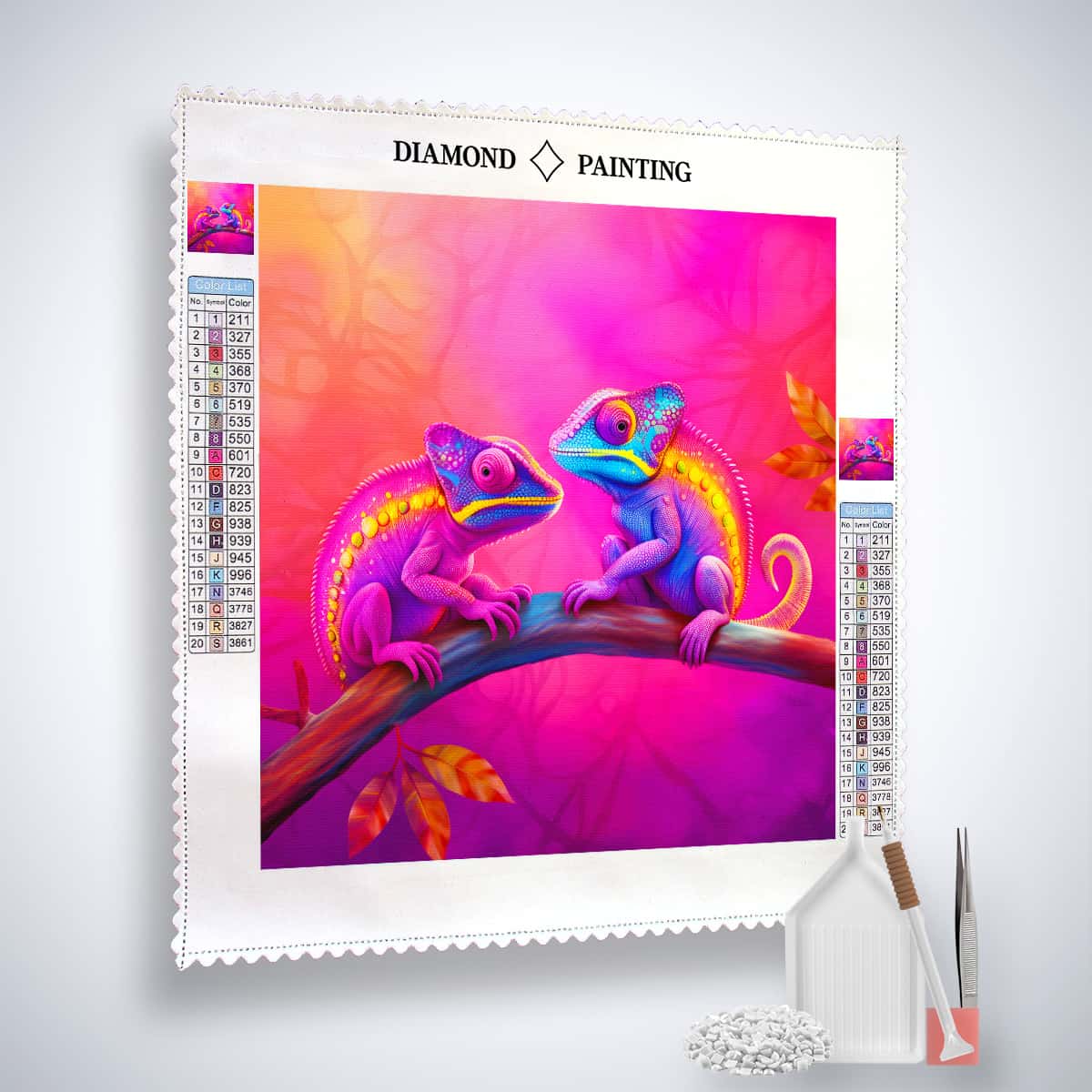 AB Diamond Painting Kit Chamäleon Liebe with vibrant chameleon artwork, acrylic diamonds, tweezers, and setting pen on professional canvas