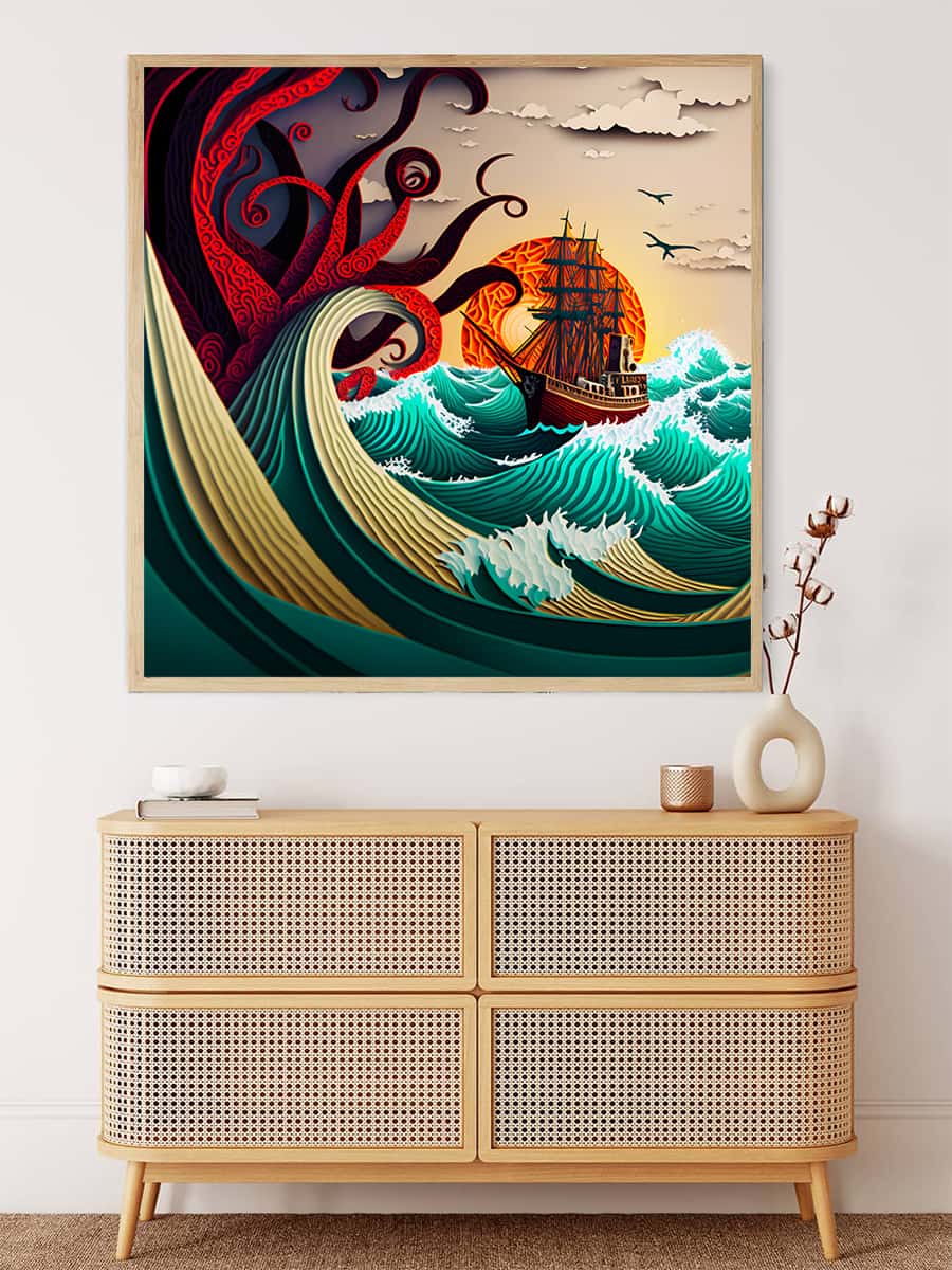 Malen nach Zahlen - Raue See Paperart auf Leinwand mit Schiff und Wellen über stilvoller Kommode