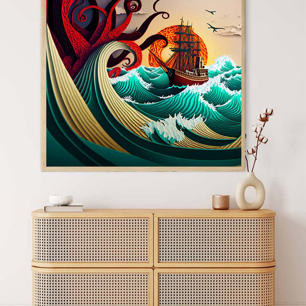 Malen nach Zahlen - Raue See Paperart auf Leinwand mit Schiff und Wellen über stilvoller Kommode