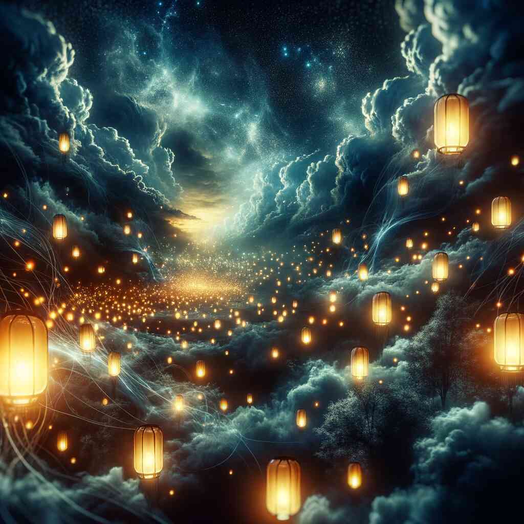 Dreamy night sky with glowing lanterns floating among clouds in a "Malen nach Zahlen - Sternennacht der Wünsche" painting.
