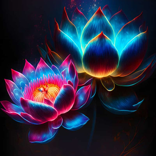 Neon lotus flowers glowing against dark background, vibrant blue and pink hues, mesmerizing diamond painting kit motif.