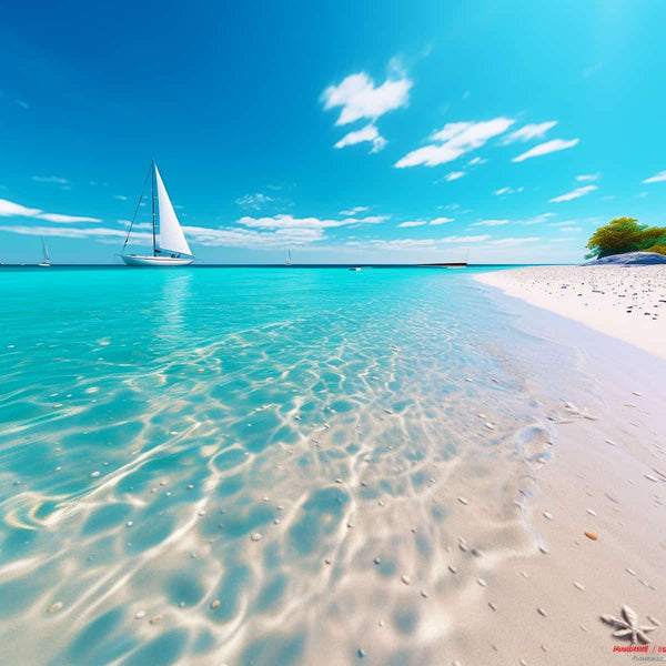 Malen nach Zahlen - Küstenzauber. Entspannendes Strandmotiv mit Segelboot auf klarem blauem Wasser. Perfekt zum Meditieren und Malen.