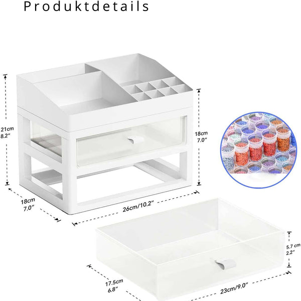 Diamond Painting Aufbewahrungsbox Exklusiv - Produktdetails mit Abmessungen und Aufbewahrungskammern. Ideal zur Organisation von Acryl Diamonds.