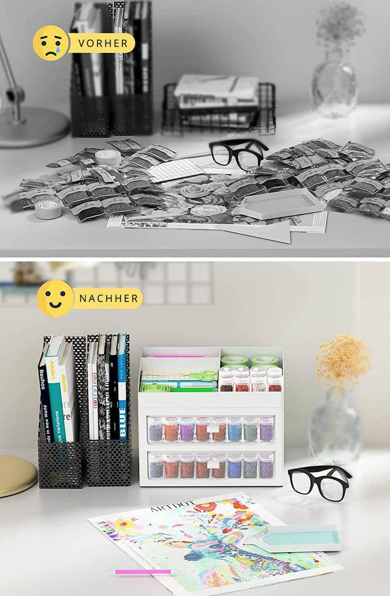 Comparison of a cluttered workspace before and an organized workspace after using a diamond painting storage box.