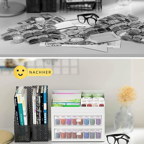 Comparison of a cluttered workspace before and an organized workspace after using a diamond painting storage box.