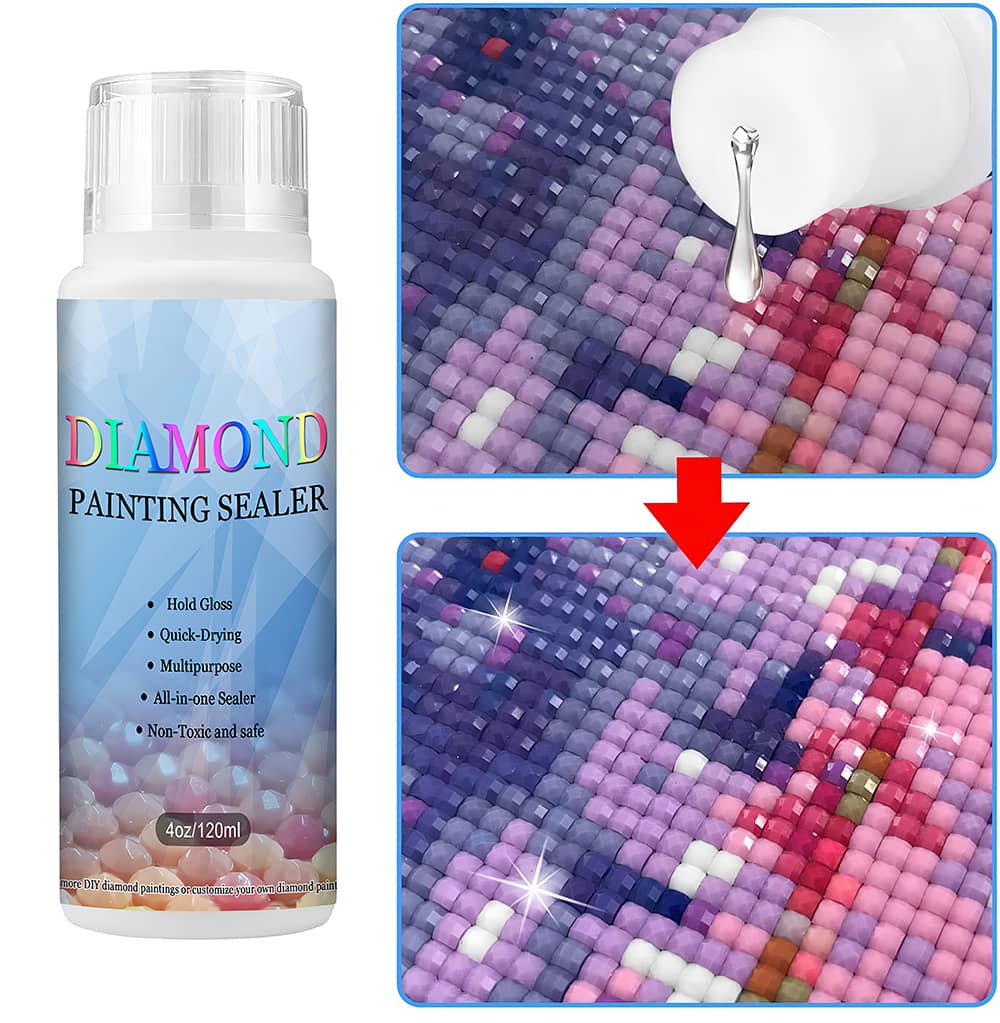 Diamond Painting Sealer for protecting artworks with transparent gloss effect, preventing diamonds from falling out and ensuring easy application.