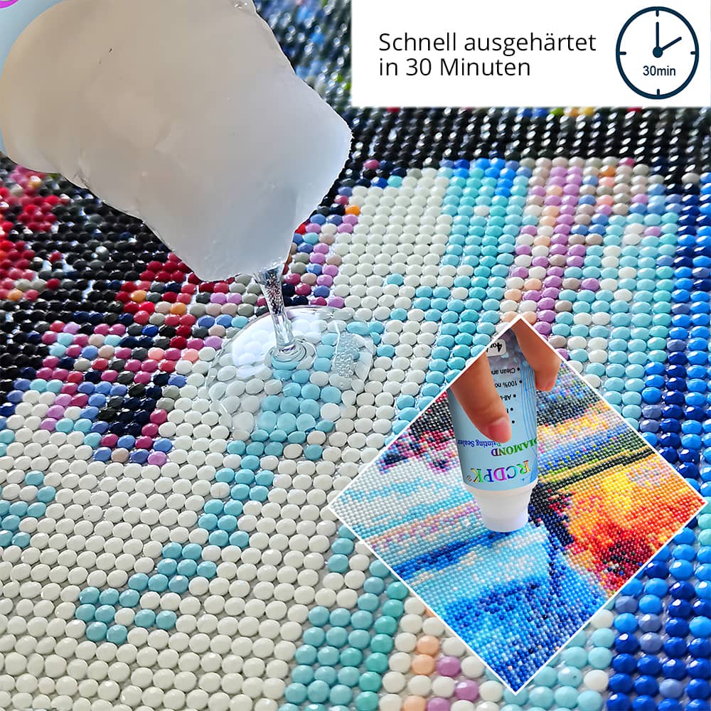 Diamond Painting Versiegelung wird aufgetragen und härtet in 30 Minuten aus für dauerhaften Glanzeffekt und Schutz vor Umwelteinflüssen.