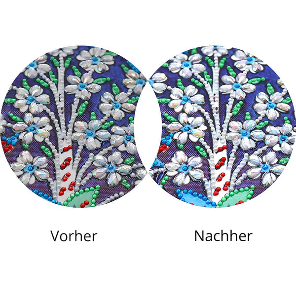 Vorher-Nachher Vergleich von Diamond Painting Spezial Versiegelung – Vor und nach dem Auftrag der Versiegelung, florales Motiv.
