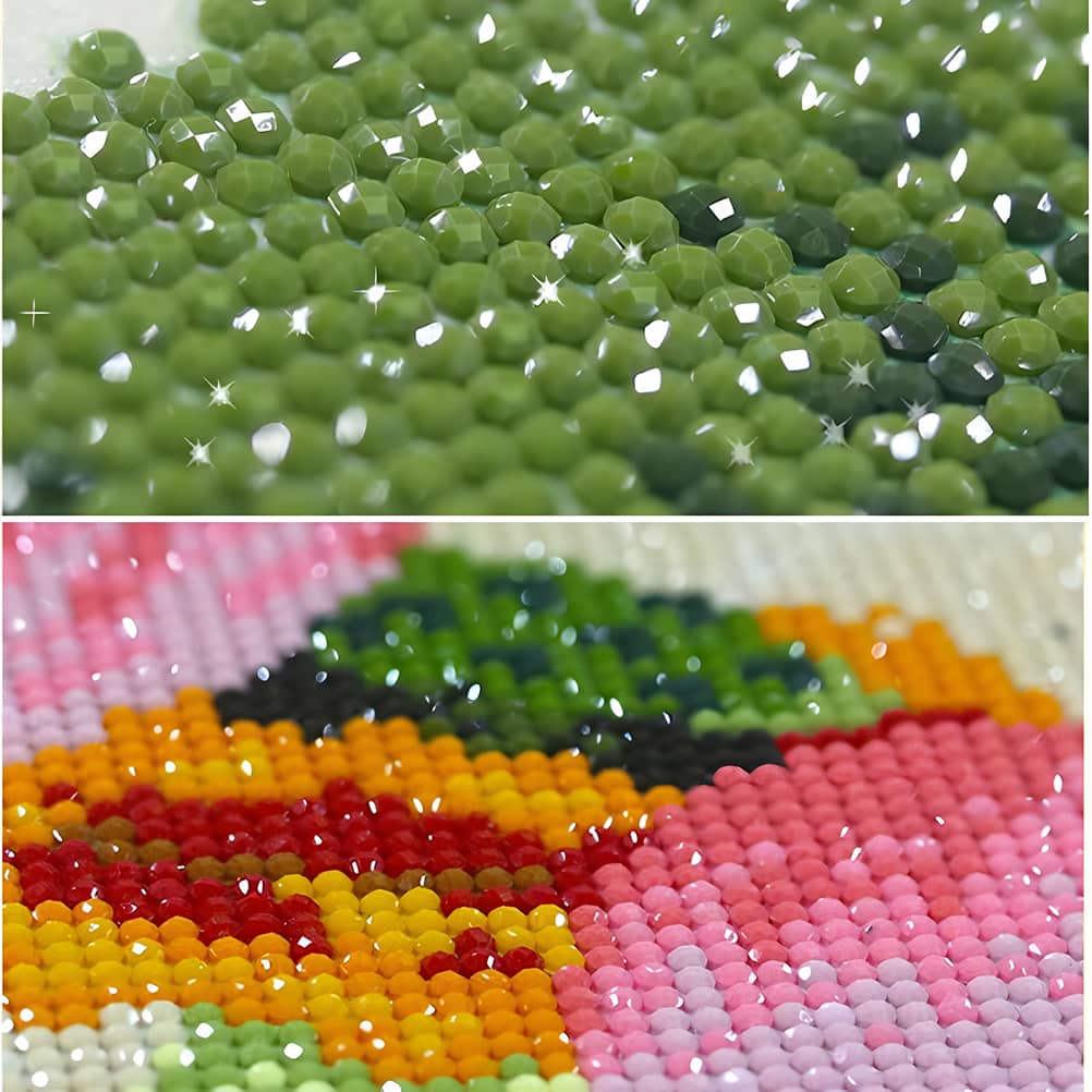 Close-up of green and multicolored diamond painting beads, showcasing sparkling details and vibrant colors in a completed and sealed artwork.