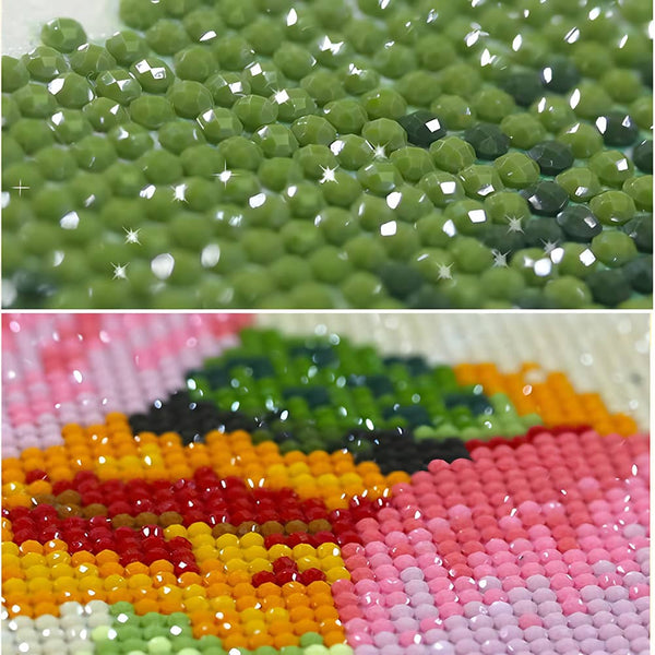 Close-up of green and multicolored diamond painting beads, showcasing sparkling details and vibrant colors in a completed and sealed artwork.