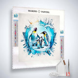 Diamond Painting Kit - Pinguine im Eis with professional canvas, acrylic diamonds, fine tweezers, and setting tools.