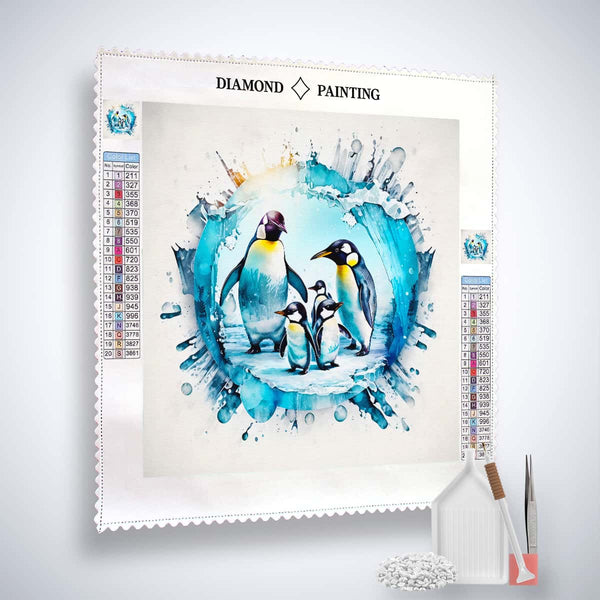 Diamond Painting Kit - Pinguine im Eis with professional canvas, acrylic diamonds, fine tweezers, and setting tools.