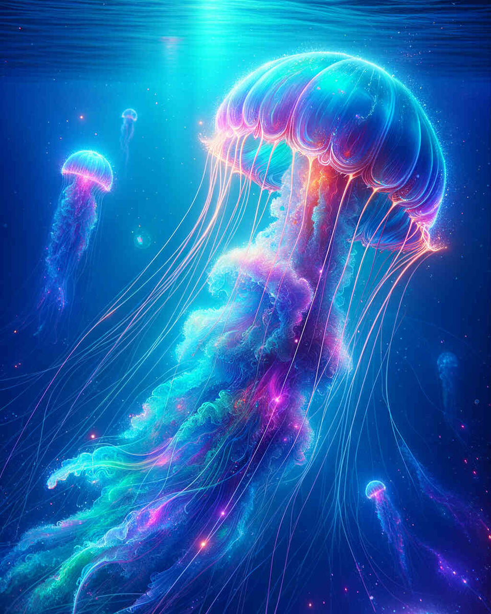 Majestic glowing jellyfish in deep blue ocean surrounded by colorful aura, inspired by "Diamond Painting - Qualle in der Tiefe".