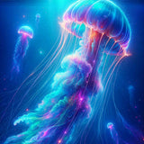 Majestic glowing jellyfish in deep blue ocean surrounded by colorful aura, inspired by 