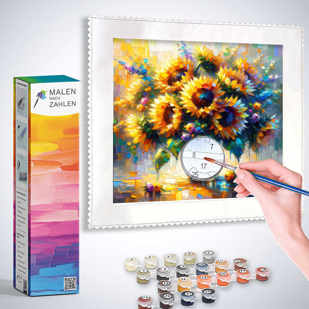 Malen nach Zahlen - Sonnenglanz und Farbenspiel: Hand holding paintbrush, painting colorful sunflower artwork with paint set and boxed instructions.