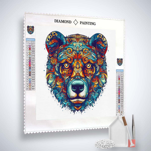 Diamond Painting Kit Bär Frontal – Detaillierte Bären-Motiv-Leinwand mit Acryl Diamonds, Pinzette, Setzstift und Zubehör für funkelnde Kunst.
