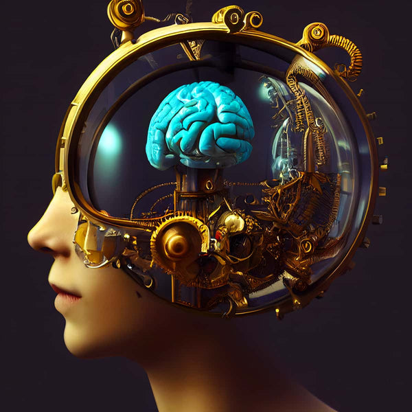 Close-up of a digital artwork depicting a human head with an exposed brain and intricate mechanical components.