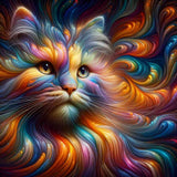 Buntes Diamond Painting einer Katze mit lebhaften Regenbogenfarben im Fell, die Realismus und Surrealismus vereint und eine tiefgründige Stimmung vermittelt