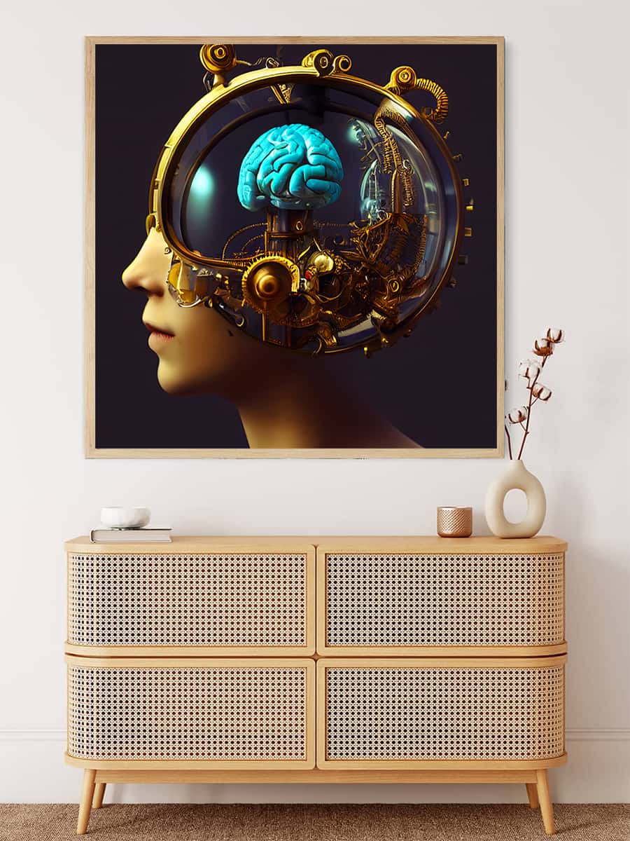 Futuristic painting of a thinking human with mechanical brain gears hung above a rattan dresser.