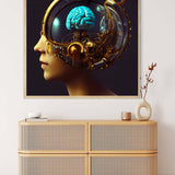 Futuristic painting of a thinking human with mechanical brain gears hung above a rattan dresser.