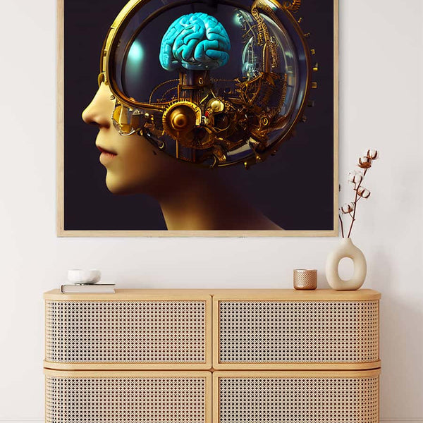 Futuristic painting of a thinking human with mechanical brain gears hung above a rattan dresser.
