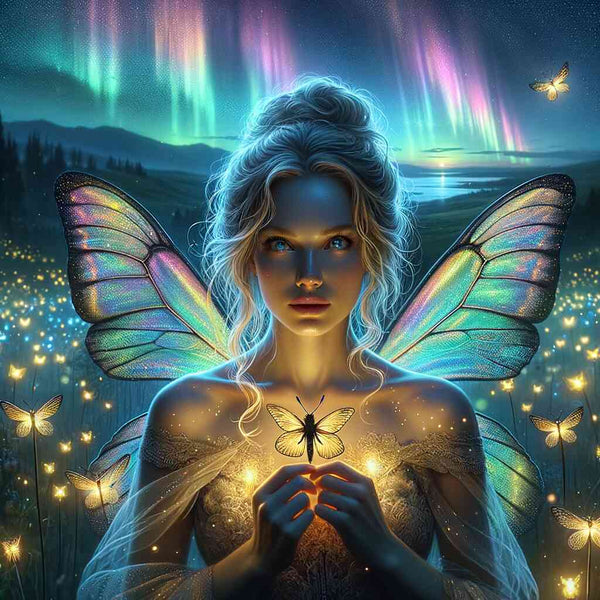 A fairy with glowing wings in a field of colorful lights holding a butterfly, under the Northern Lights, capturing a magical night scene.