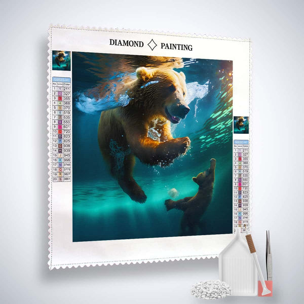 Diamond Painting Kit - Mutterbär mit Kind im Wasser, Profi-Leinwand mit veredelten Acryl Diamonds, Pinzette und Setzstift in der Packung.