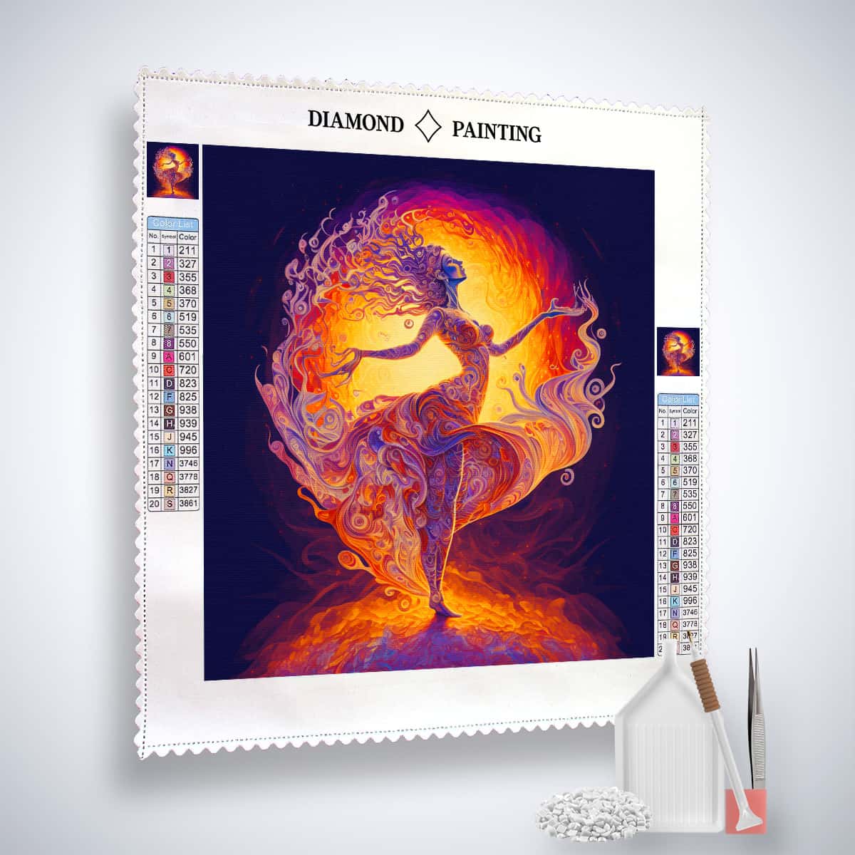 Diamond Painting Urkleid Kit with vibrant design, acrylic diamonds, artist tweezers, and professional setting pen