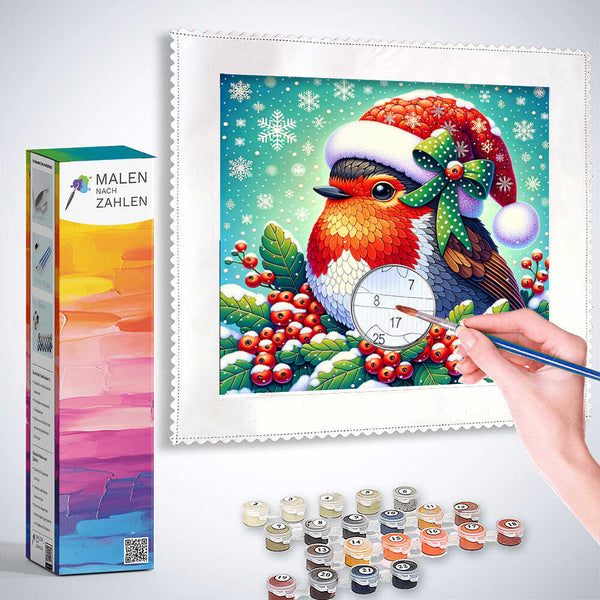Malen nach Zahlen - Rotkehlchen mit Weihnachtsmütze