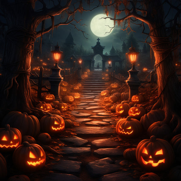 Spooky Halloween path lit with glowing jack-o'-lanterns under a full moon in an enchanted forest.