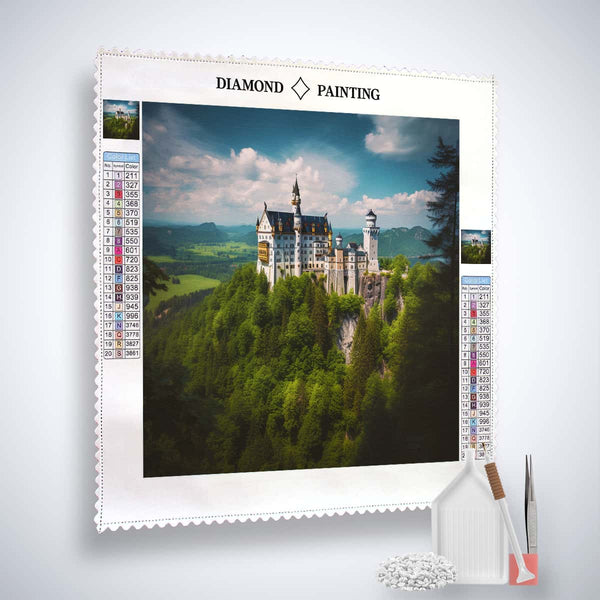 Diamond Painting Kit - Schloss im grünen, inklusive Profi-Leinwand, Acryl Diamonds, Künstler-Pinzette und Setzstift.