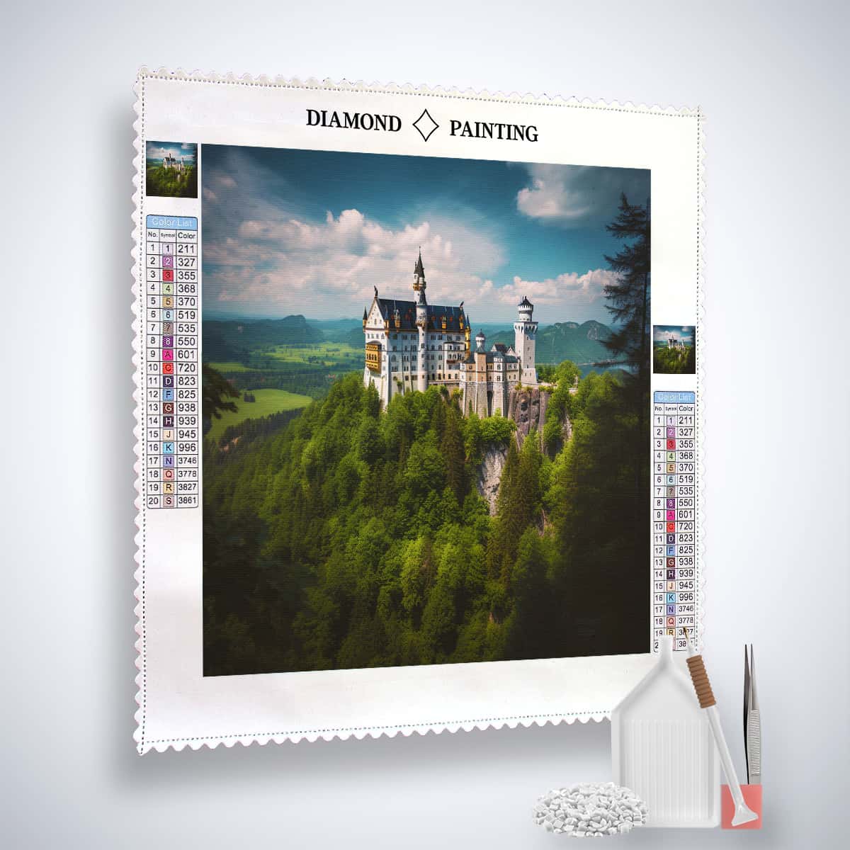 Diamond Painting kit featuring Schloss Neuschwanstein with greenery, acrylic diamonds, tweezers, and set-up tools.