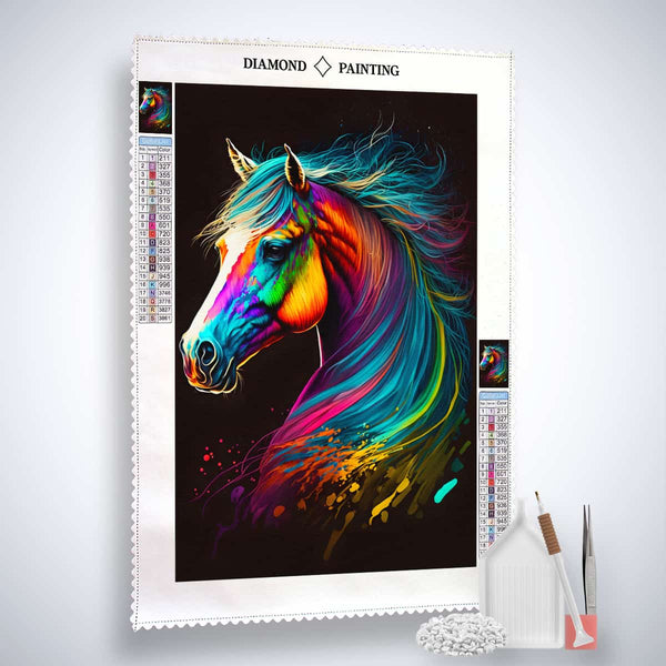 AB Diamond Painting Kit - Colorful Horse Side View Canvas with Acrylic Diamonds, Tweezers, and Setting Pen
