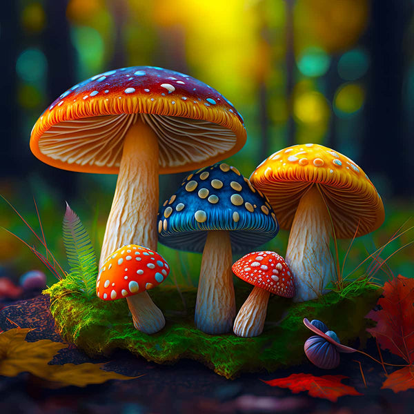 Colorful diamond painting of vibrant rainbow mushrooms in a forest setting