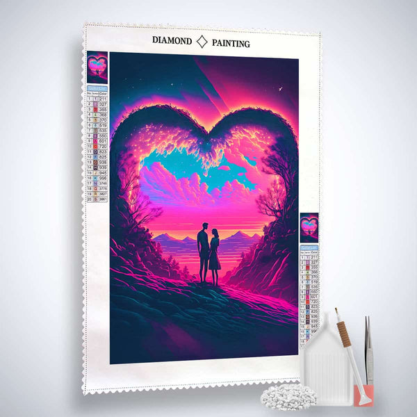 AB Diamond Painting Herzpärchen Kit – Paar vor Herz im Sonnenuntergang, inklusive Profi-Leinwand, Acryl Diamonds, Pinzette und Setzstift