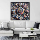 Cosmic Kaleidoscope paint-by-numbers artwork hanging above a white couch in a modern living room.