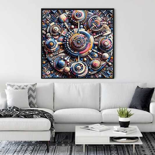 Cosmic Kaleidoscope paint-by-numbers artwork hanging above a white couch in a modern living room.