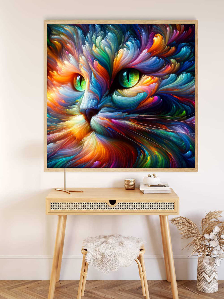 Malen nach Zahlen - Fantasiekatze in lebendigen Farben, Kunstwerk mit grünem Auge an der Wand über einem Tisch