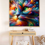 Malen nach Zahlen - Fantasiekatze in lebendigen Farben, Kunstwerk mit grünem Auge an der Wand über einem Tisch