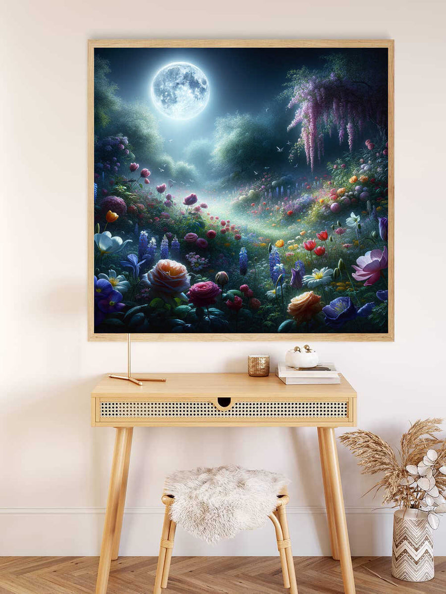 Malen nach Zahlen Kit - Mondnacht im Blumengarten mit einem strahlenden Vollmond über einem mit Blumen gefüllten Garten.