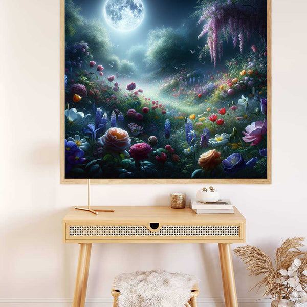 Malen nach Zahlen Kit - Mondnacht im Blumengarten mit einem strahlenden Vollmond über einem mit Blumen gefüllten Garten.