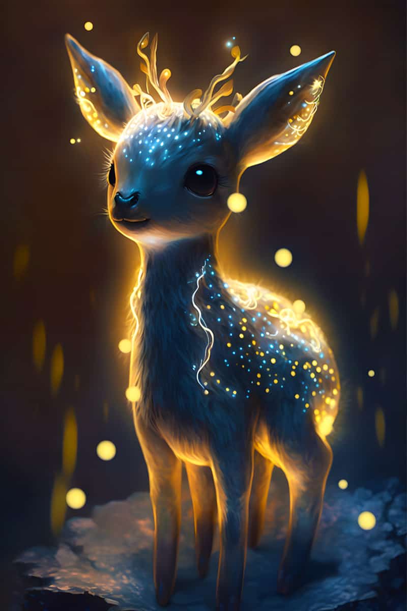 Diamond painting kit featuring a glowing deer with illuminated antlers and body against a dark background, AB Diamond Painting - Lichterreh.