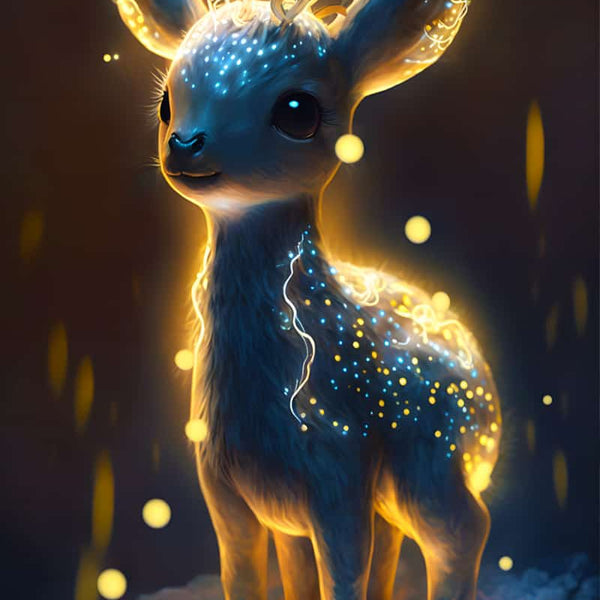 Diamond painting kit featuring a glowing deer with illuminated antlers and body against a dark background, AB Diamond Painting - Lichterreh.