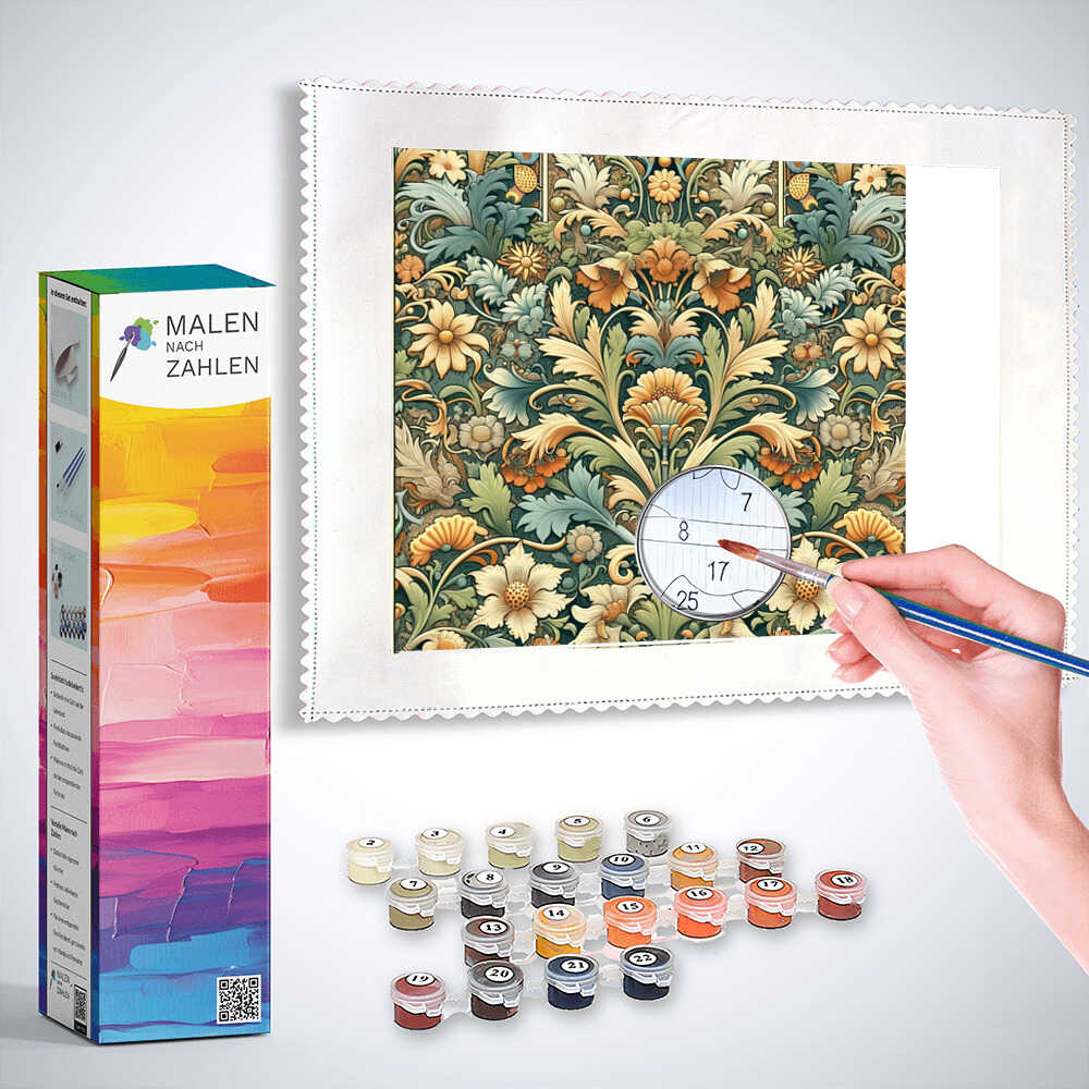 Malen nach Zahlen - Goldene Lilien Barockzauber-Set mit farbigen Töpfen und Hand, die auf Leinwand mit floralen Mustern malt