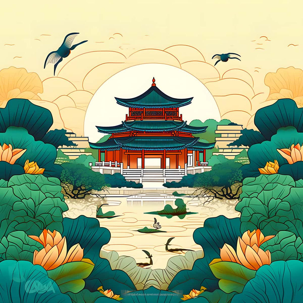 Japanese style painting by numbers kit featuring a serene pagoda, lotus flowers, and flying birds in vibrant colors.