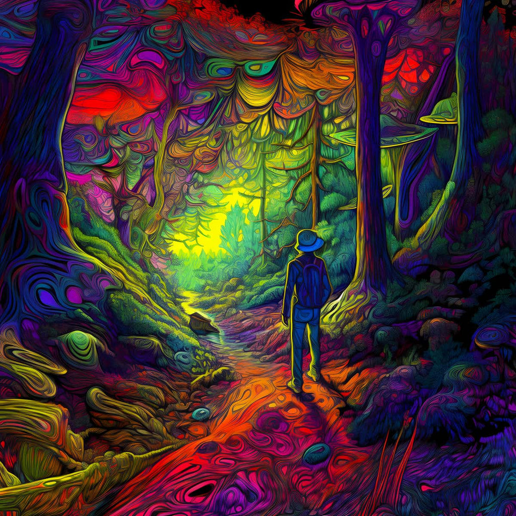 Ein Entdecker im Wald - farbenfrohes Diamond Painting Kunstwerk mit einem Spaziergang durch einen leuchtenden, surrealen Waldpfad.